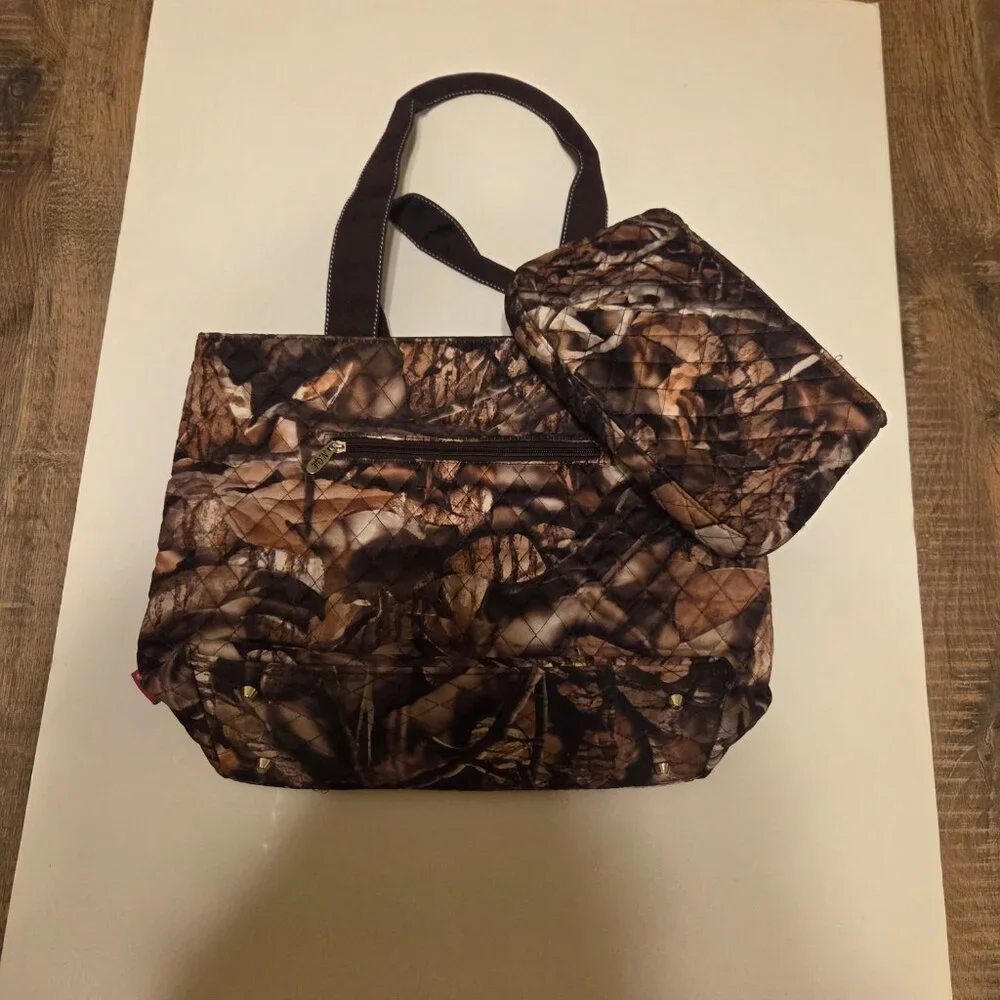 N Gil Camouflauge Brown Purse with Bown on Front and Cosmetic Bag - NWOT
